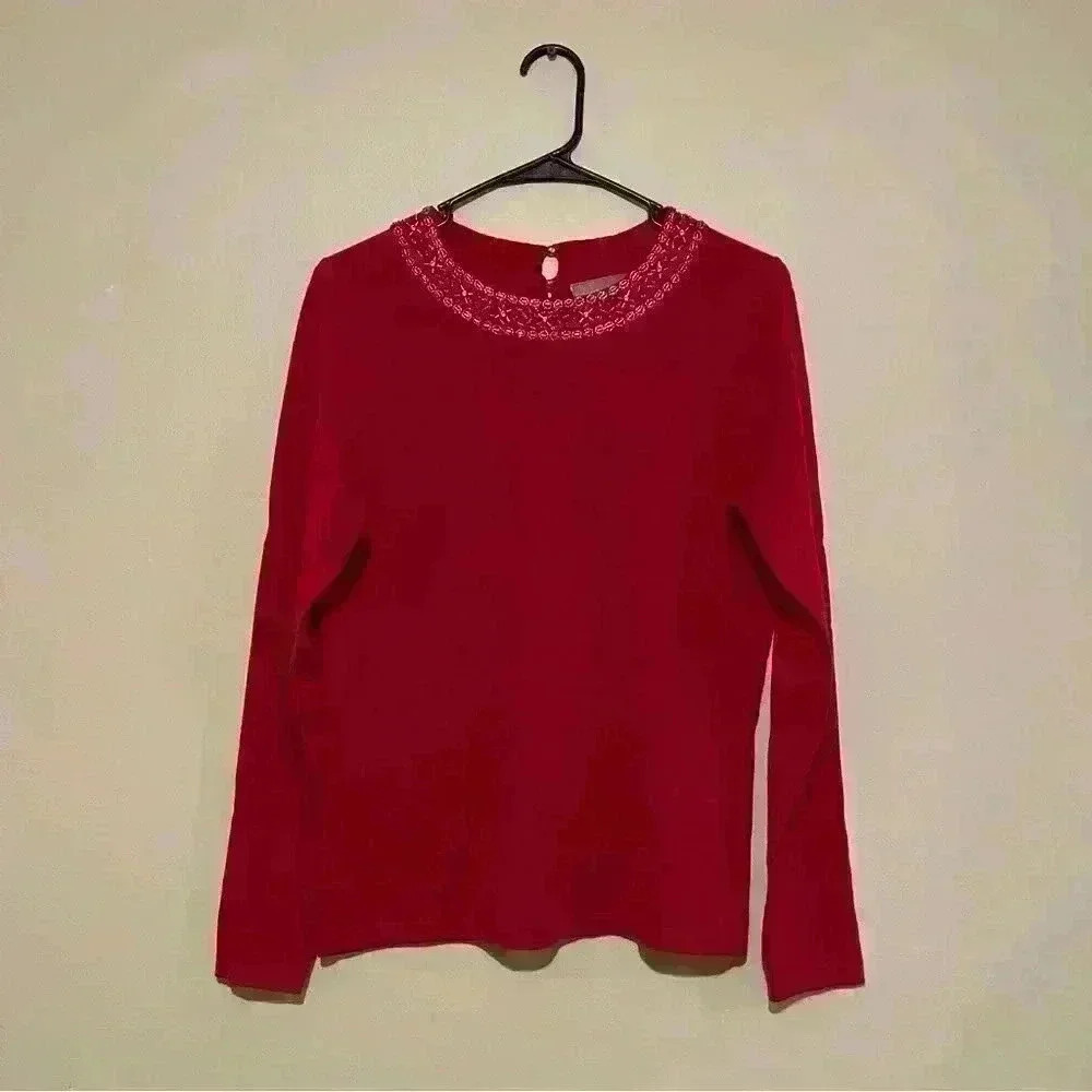 Croft & Barrow WOMEN'S Red Rayon Blended SZ SMALL Jeweled SWEATER New